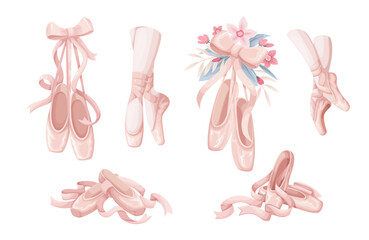 Pointe shoes of ballerina set vector illustration. Cartoon isolated ballet dancer legs in silk slippers dance on rehearsal, pair of footwear hang on ribbon and bow, accessory with summer flowers - obrazy, fototapety, plakaty
