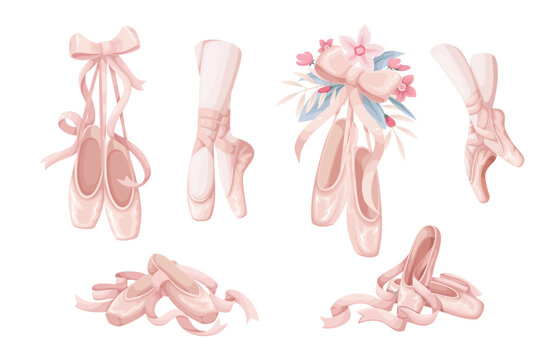Pointe shoes of ballerina set vector illustration. Cartoon isolated ballet dancer legs in silk slippers dance on rehearsal, pair of footwear hang on ribbon and bow, accessory with summer flowers