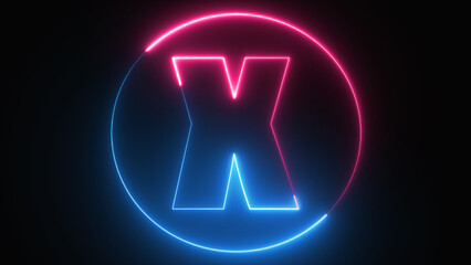 Neon Letter X with neon circle, Neon alphabet X glowing in the dark, pink blue neon light, Shine text X, the best digital symbol, 3d render, Education concept.