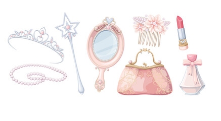 Princess jewelry and accessory set vector illustration. Cartoon isolated beauty fashion decoration of girl and makeup collection with precious mirror and princess crown, cosmetic bottle and magic wand © setory