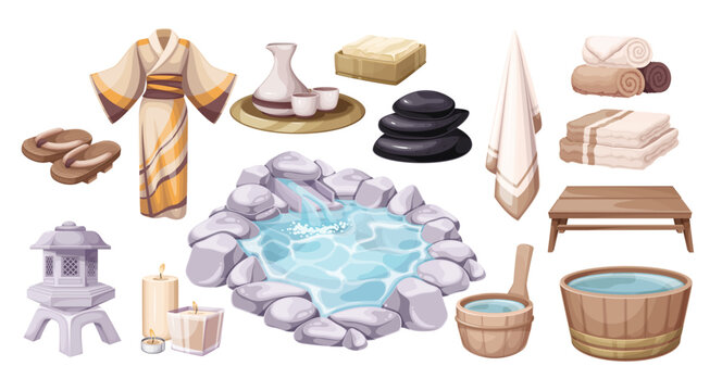 Japanese hot spring onsen set vector illustration. Cartoon isolated sauna and spa onsen collection with wooden barrel and towels, outdoor water pool with rocks and stone lantern, yukata and sandals