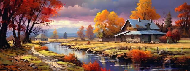  painting style illustration banner wallpaper, beautiful Autumn rural countryside farmland landscape, Generative Ai