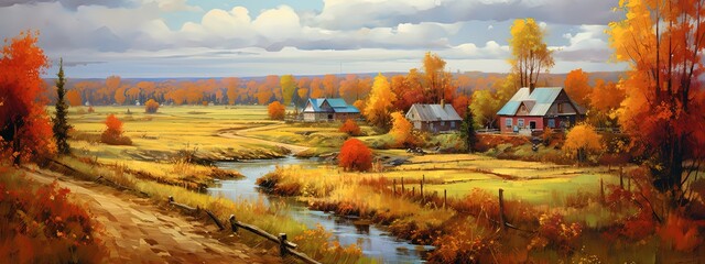  painting style illustration banner wallpaper, beautiful Autumn rural countryside farmland landscape, Generative Ai