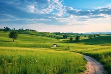 Fototapeta na wymiar Serene Morning Walk on a Winding Path through a Green Hillside