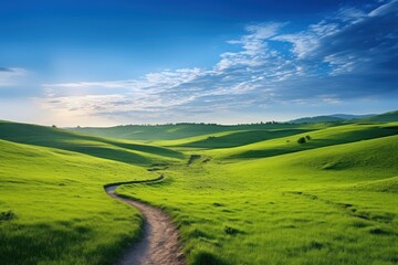 Fototapeta na wymiar Serene Morning Walk on a Winding Path through a Green Hillside