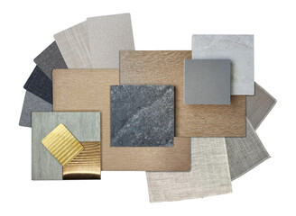 group of industrial interior material samples including stainless, copper aluminium, stone tiles, wooden veneer, quartz, fabric melamine, drapery isolated on background with clipping path.
