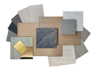 group of industrial interior material samples including stainless, copper aluminium, stone tiles, wooden veneer, quartz, fabric melamine, drapery isolated on background with clipping path.