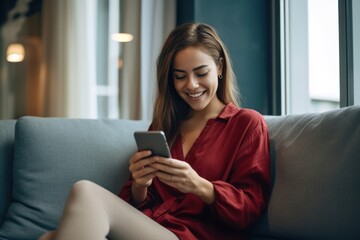 Happy Young Woman Using Smartphone on Couch
