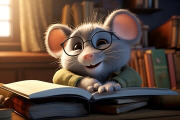 A gray mouse with glasses laughs and looks at a book in the library.