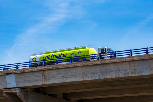 Tanker truck of the oil company BP circulating on a viaduct.