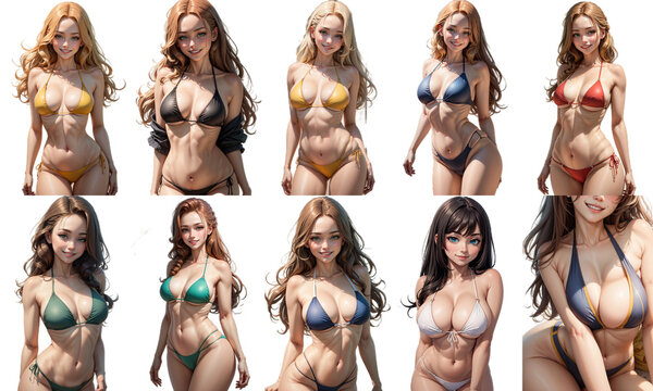  Set Of Cute Sexy Woman In Bikini Swimsuit. Collection Of Png Illustrations, Isolated Transparent Background Anime Style Cartoon Collage