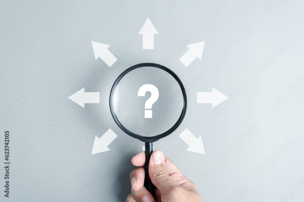 Leinwandbilder Magnifier Question with multiple arrow surround new way options and growth opportunities for business and solution concept.