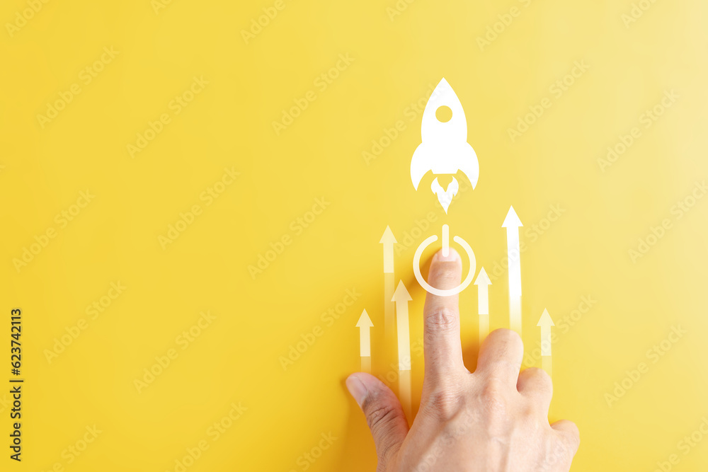 Aufkleber shortcut exponential growth interest with rocket launch icon, business hand launch investment fast t