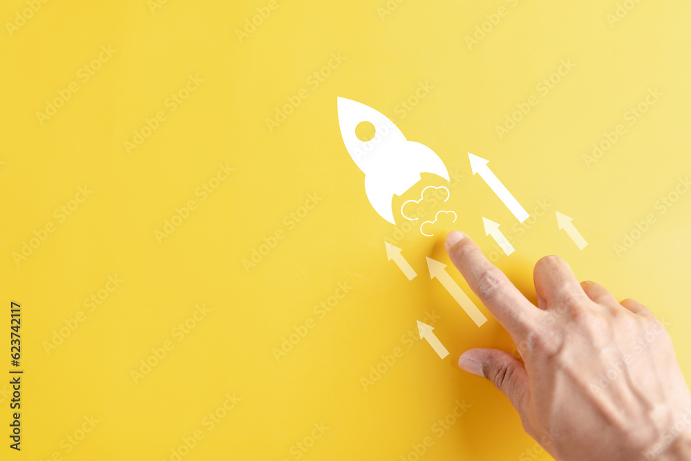 Aufkleber shortcut exponential growth interest with rocket launch icon, business hand launch investment fast t