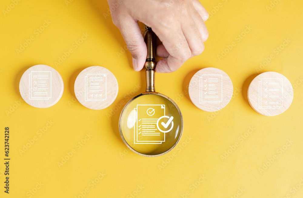 Aufkleber Document Management Checking System, online documentation database and process manage files, Magnifier check and focus to document folder, documentation. Corporate business technology concept.
