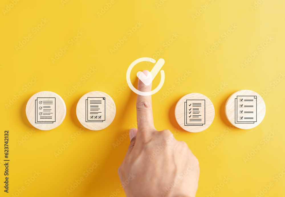 Aufkleber Document Management Checking System, online documentation database and process manage files, Magnifier check and focus to document folder, documentation. Corporate business technology concept.