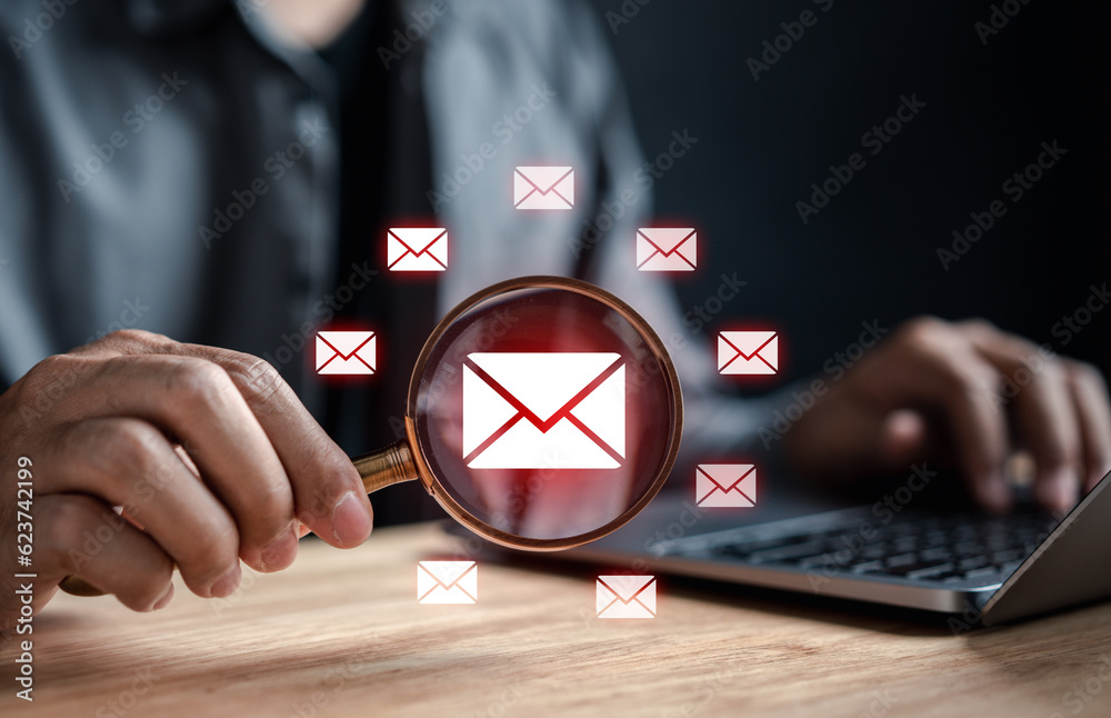 Fototapete Alert Email inbox and spam virus with warning caution for notification on internet letter security protect, junk and trash mail and compromised information...