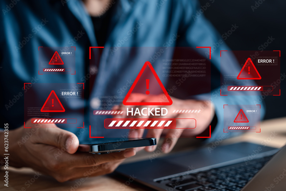 Aufkleber Alert System hacked popup on screen, spam virus with warning caution for notification on internet security protect, code and cyber security and phishing spyware and compromised information.