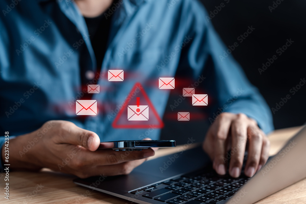 Poster Alert Email inbox and spam virus with warning caution for notification on internet letter security protect, junk and trash mail and compromised information...