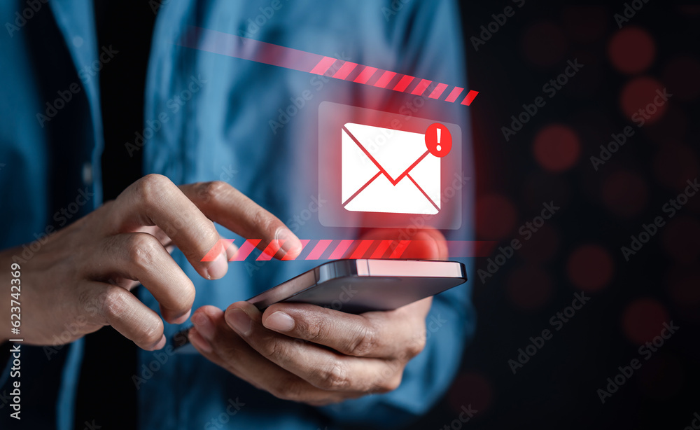 Poster Alert Email inbox and spam virus with warning caution for notification on internet letter security protect, junk and trash mail and compromised information...