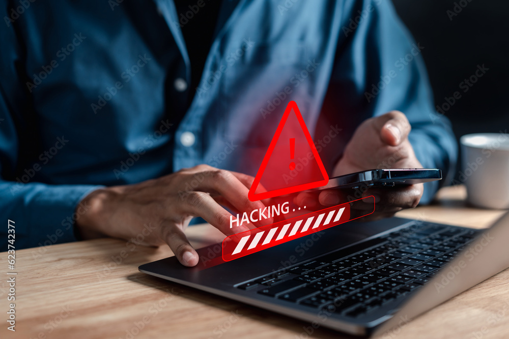 Poster Alert System hacked popup on screen, spam virus with warning caution for notification on internet security protect, code and cyber security and phishing spyware and compromised information.