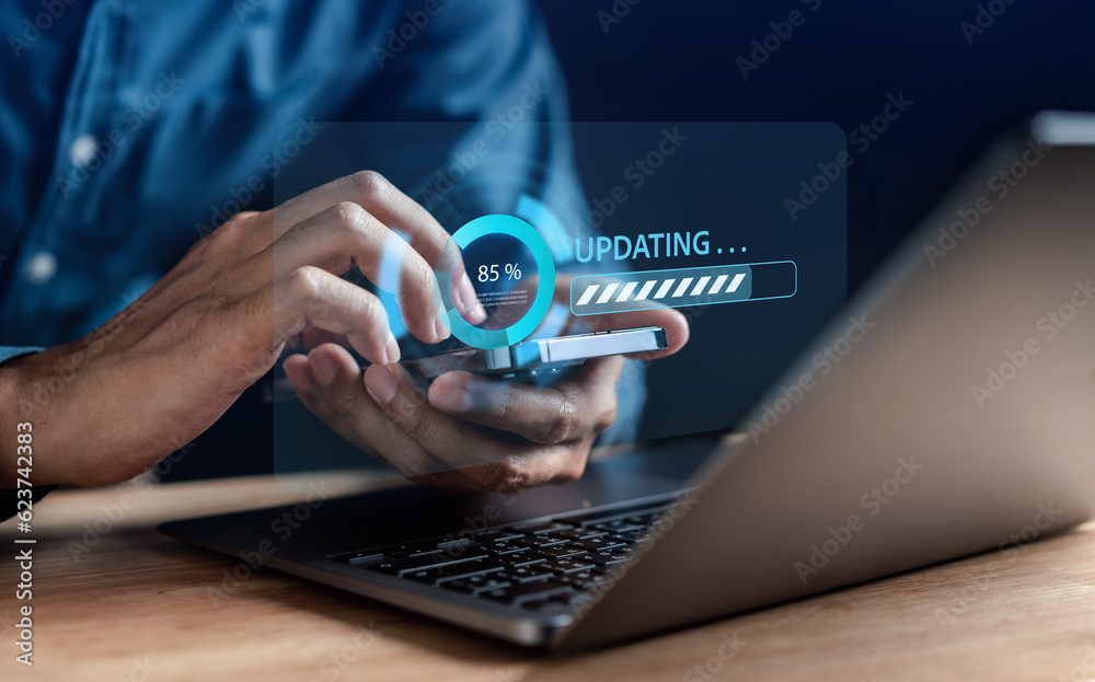 Fototapete Man programmer Update software system with loading information. Upgrade version system. Business technology internet with installing the update for the quality better..
