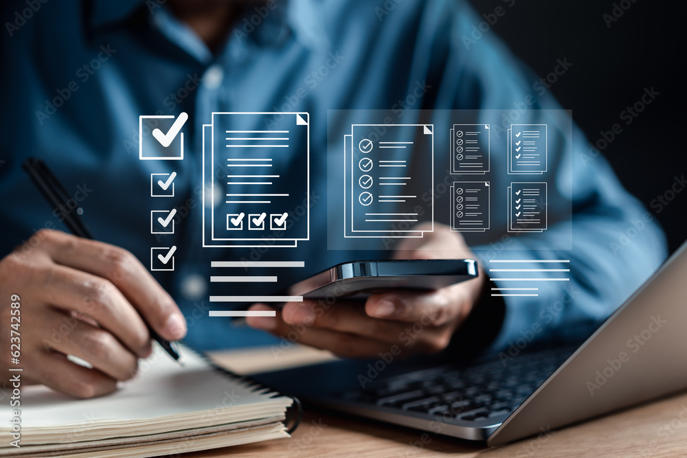 Aufkleber Document Management Checking System, online documentation database and process manage files, Magnifier check and focus to document folder, documentation. Corporate business technology concept.