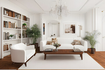 The living room with white walls and white sofa gives a clean feeling,Created by AI