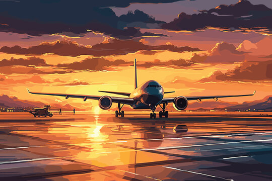 A Commercial Airplane Takes Off At Night On An Airport Runway With The City In The Background And A Beautiful Sky, 3D Illustration.