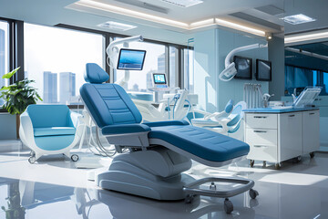 Modern dental clinic, dentist's chair and surrounding dental equipment