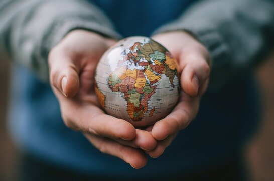 Man holding miniature globe with world map in his hands
