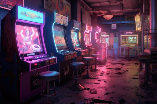 Neon colored arcade machines line up.