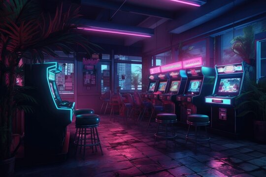 Neon colored arcade machines line up.