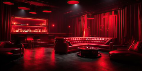 AI Generated. AI Generative. Vip private room at nightclub interior design. Red dark night life style party with red sofa seating. Graphic Art