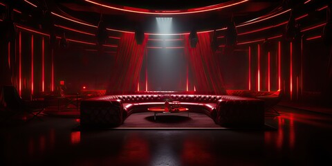 AI Generated. AI Generative. Vip private room at nightclub interior design. Red dark night life style party with red sofa seating. Graphic Art