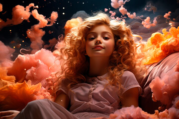 A beautiful condescending blonde girl in surreal surroundings full of stars and cottony smoke