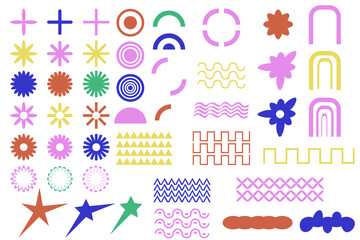 Fototapeta na wymiar Set of Trendy abstract shapes. Flower, bubble, circle, star, arch. Retro Groovy Style. Modern 90s, 2000s style. Elements for posters design, stickers. Y2k aesthetic. Vector Art. 