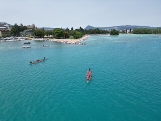 Canoes on Lake Anncey France drone,aerial