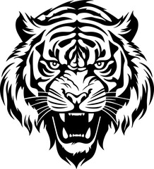 Black and white illustration of wild tiger face.