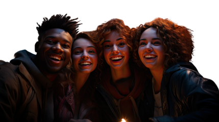 A group of four friends take a selfie by the light of a lighter. Transparent background.