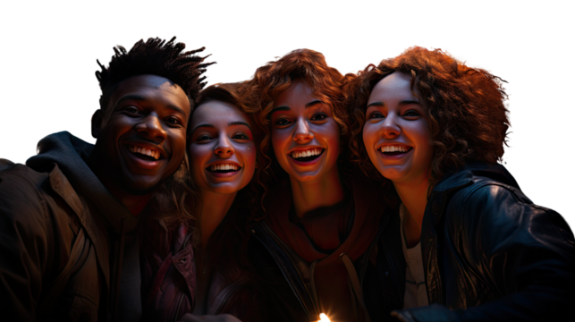 A group of four friends take a selfie by the light of a lighter. Transparent background.