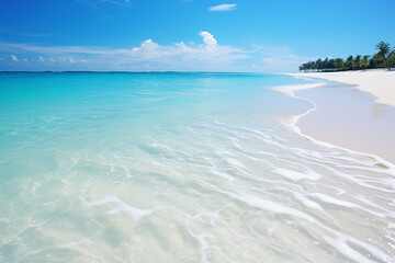 Fototapeta premium 白い砂浜とエメラルドグリーンの美しい海：AI生成画像