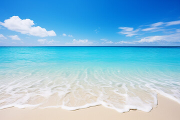 Fototapeta na wymiar 白い砂浜とエメラルドグリーンの美しい海：AI生成画像