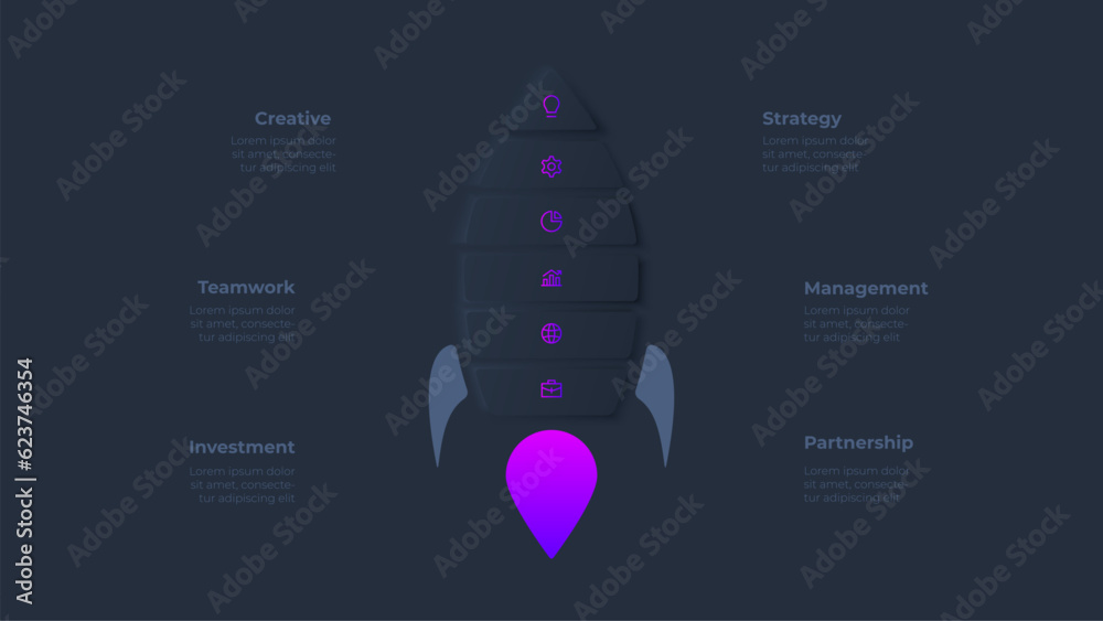 Poster concept of 6 steps to start work project. infographic design template. neumorphic rocket illustratio