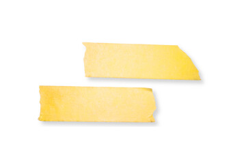Two yellow matte adhesive torn tape objects with shadow on transparent white background, Torn horizontal and different size sticky tape, adhesive pieces.