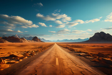 Fototapeta na wymiar Desert road stretching into the horizon, open road, desert landscape