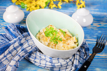 Scrambled eggs with onion.