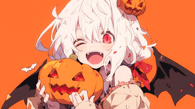 Cute Halloween vampire girl with her pumpkin Jack-o-lantern, anime character style. Created with Generative AI.