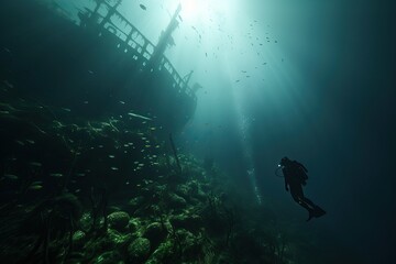 Dangerous dive to study the cause of the death of the ship. Shipwreck investigation. Diver in front of the sunken hull.