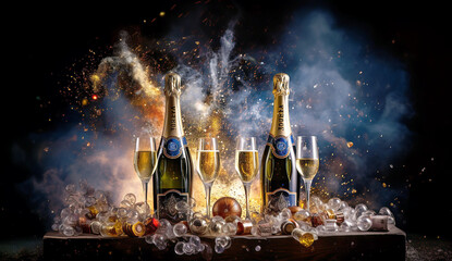 New Year's celebration with champagne and fireworks in the background. Happy new year, birthday, holiday or wedding greeting card with copy space. AI generated.